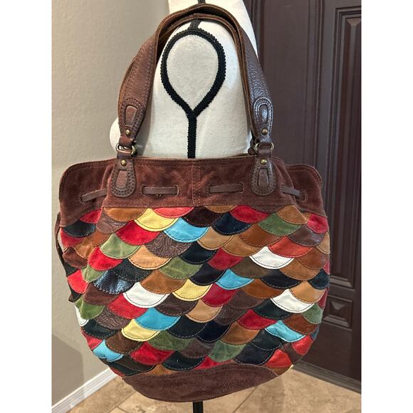 Vintage Lucky Brand Patchwork Scalloped Leather Shoulder Bag